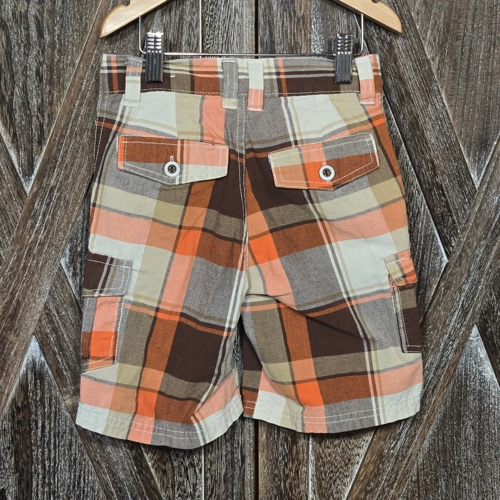 Carters Plaid Cargo Shorts Orange Brown‎ Beige Kids Size 5 Cotton Blend